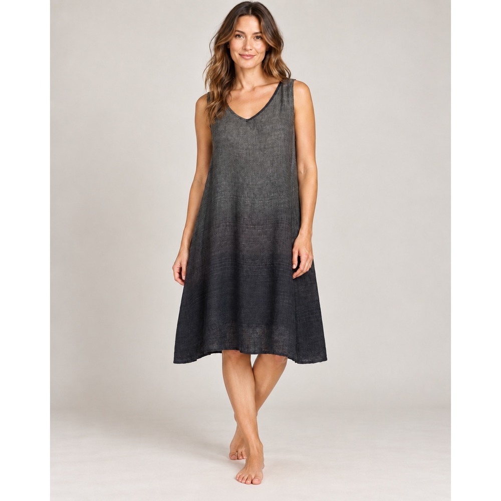 FLAX Charcoal Ombre Linen Midi Dress Medium Sleeveless Lagenlook Minimalist